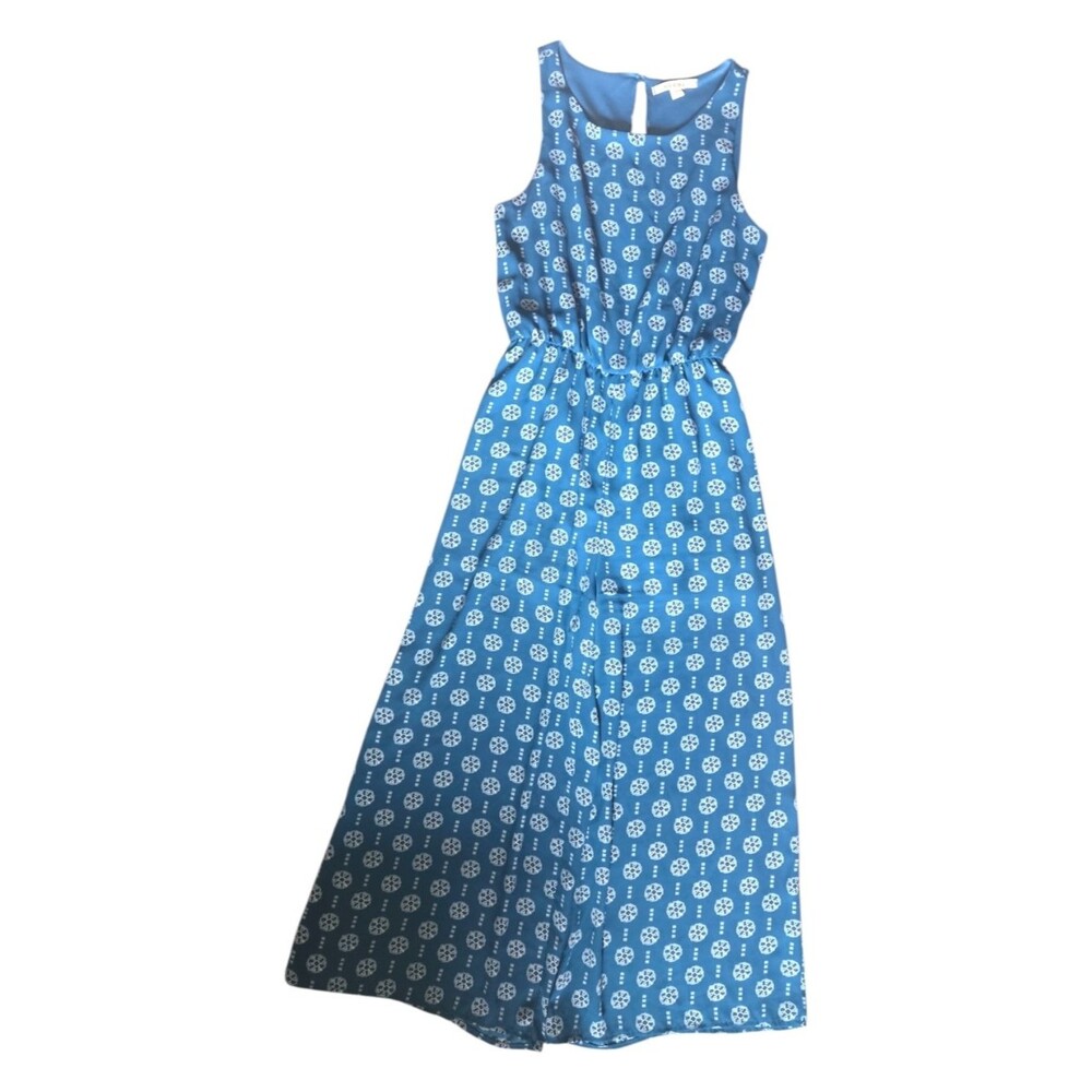 Francesca’s Mi Ami Blue & White Geometric Floral Wide Leg Jumpsuit - S